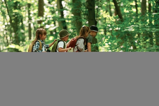 Discovering, new place. Kids in forest at summer daytime together photo