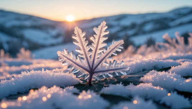 Snowflake on Snowy Ground at Sunrise Winter Scene Close-up photo