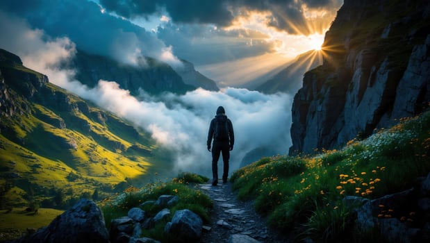 Man Hiking Mountain Trail with Sunlight Bursting Through Clouds photo