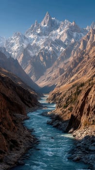 Majestic mountain valley with a winding river beneath snowcapped peaks at dawn photo