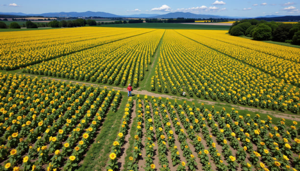 a sunflower field viewed from a drone, showing circular planting patterns photo