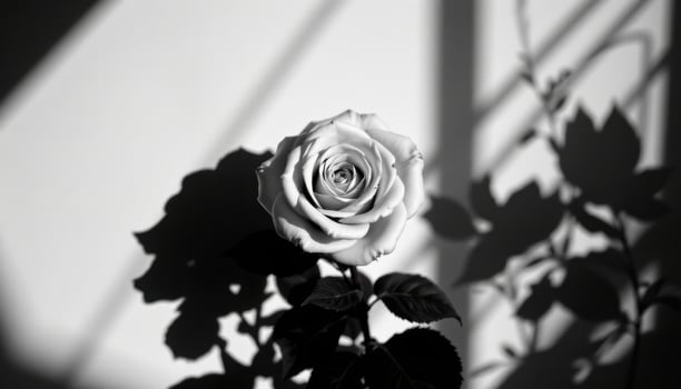 a high contrast black and white photo of a single rose surrounded by shadows