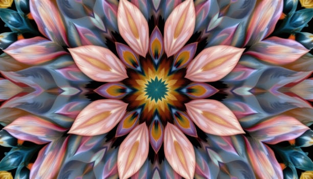 a detailed pattern of overlapping flower petals digitally arranged into a seamless kaleidoscope design photo