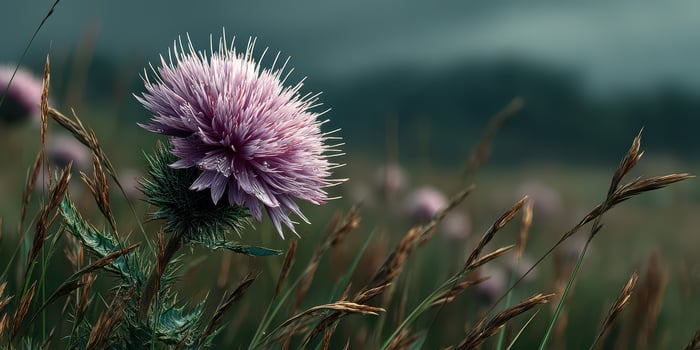 Purple thistle bloom stands out among green blades in a lush field during a cloudy day photo