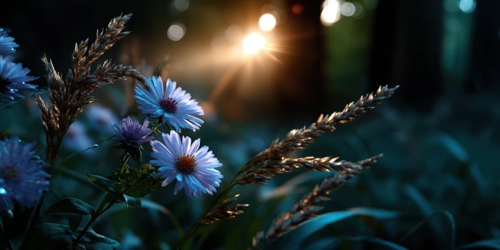 Sunlight filters through trees highlighting wildflowers in a serene forest setting during a tranquil evening photo