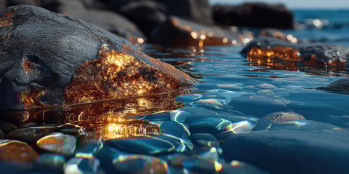 Tranquil water flowing over smooth stones with sunlight reflections at a coastal location photo