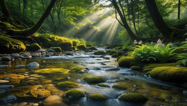 Stream Flowing Through Lush Green Forest with Sunlight Streaming Down photo