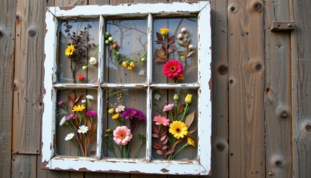 a reclaimed window pane turned into a hanging frame of dried floral art photo