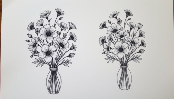a minimalist line drawing of flowers placed beside a real bouquet mimicking the sketch photo