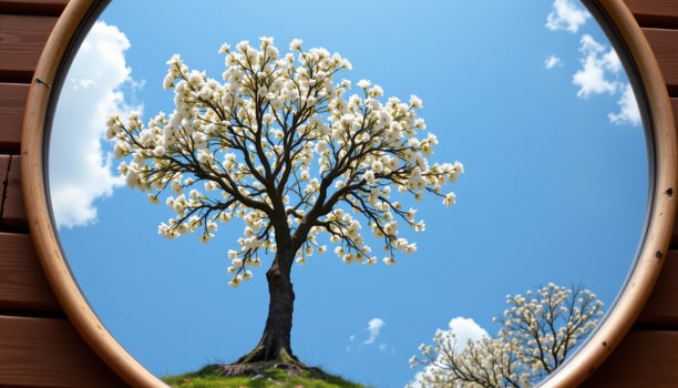 a large circular mirror reflecting only a blooming tree overhead photo