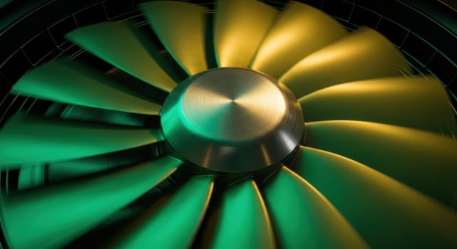 Close up of a spinning fan with green and yellow light creating dynamic motion blur photo