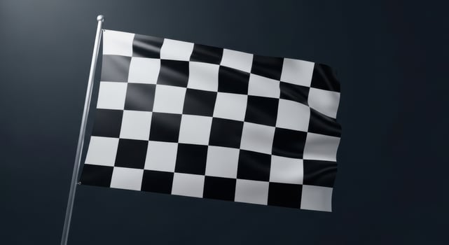 Checkered flag waving on a pole against a dark background, symbolizing racing and victory. photo