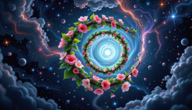 a curled vine forming a spiral galaxy of blooms in space photo