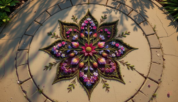a flower shaped constellation mirrored by a planted design on the ground photo