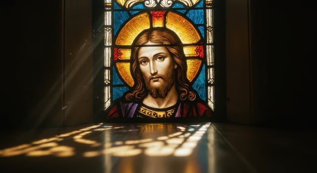 Vibrant Stained Glass Window Depicting Jesus Christ in a Church with Sunlight and Shadow Patterns photo