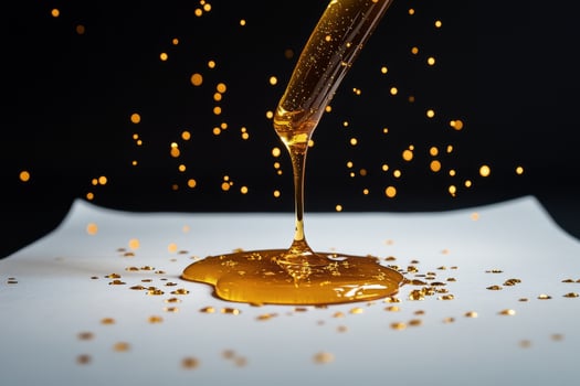 Golden Honey Drizzling From a Honey Dipper on a Gray Surface With Sparkling Droplets. photo