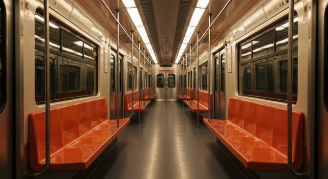 Empty modern subway train interior with orange seats and bright lighting, ready for passengers photo