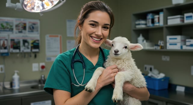 Professional Female Veterinarian Smiling While Holding a Young Lamb in a Modern Veterinary Clinic photo