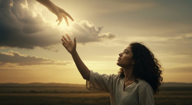Woman reaching for a helping hand from the sky, symbolizing hope, faith, and divine connection. photo