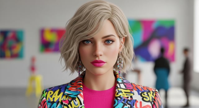Stylish Young Woman with Blonde Hair and Blue Eyes Wearing a Graffiti Jacket at a Modern Art Gallery photo