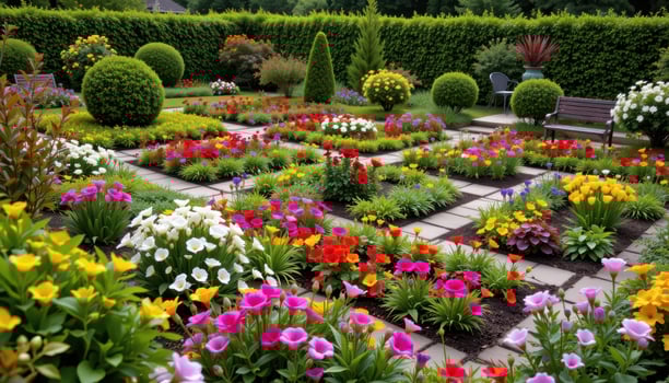 a sunken garden filled with geometric flower beds and ornamental shrubs photo
