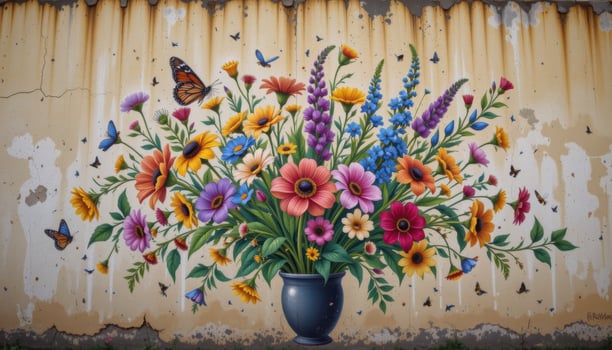 a faded mural on an old wall depicting an elaborate bouquet of wildflowers photo