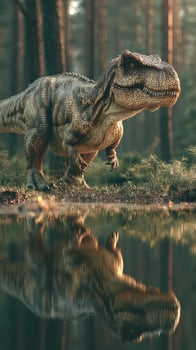 Dinosaur explores a serene forest landscape near a reflective water surface during the golden hour photo