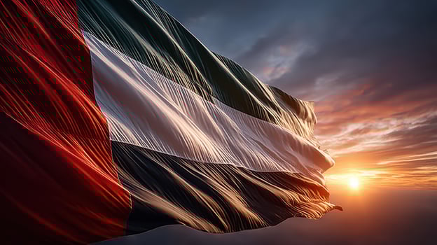 Vibrant flag waving against dramatic sunset sky with rich colors and textures photo