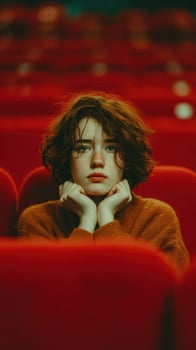Young woman experiences deep contemplation in a theater with red seats during a quiet moment in the afternoon photo