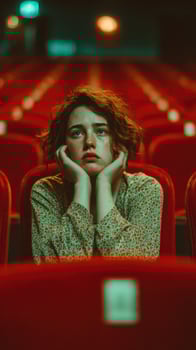 Young woman sits in empty theater with a contemplative expression during a quiet moment of reflection at a late night showing photo