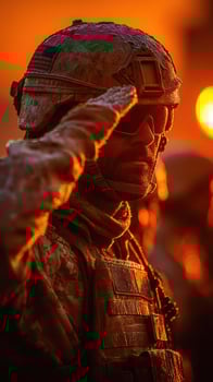 Soldier salutes during sunset at military training exercise in an arid landscape with warm tones photo