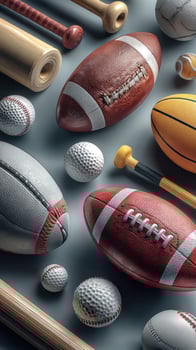 Assortment of sports equipment including footballs, baseballs, and basketballs arranged artistically on a gray surface photo