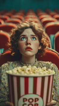 Young woman with curly hair watches a movie in vintage theater while holding a large bucket of popcorn photo