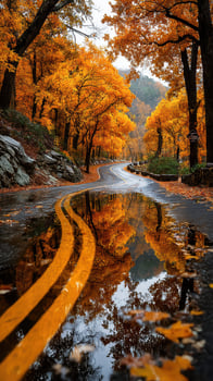 Beautiful autumn road with vibrant orange trees reflecting in puddles photo