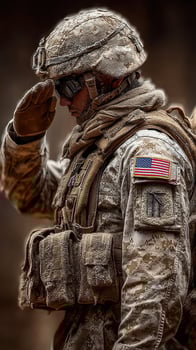 Soldier saluting during a ceremonial event at a military base in a desert environment in the early morning light photo