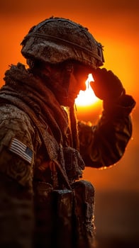 Soldier saluting at sunrise with mist and warm colors in the background during military training exercises photo