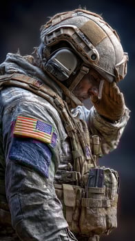Soldier saluting in full military gear during a solemn moment of remembrance in a quiet setting photo