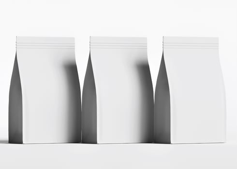 Three blank white bags row studio shot photo