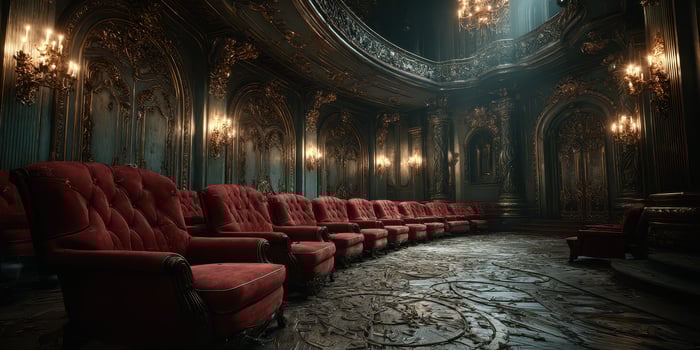 Luxurious red chairs arranged in an ornate theater room illuminated by soft chandelier lights photo