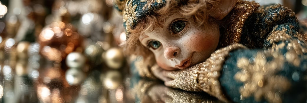 Detailed portrait of a whimsical doll resting on a reflective surface surrounded by decorative ornaments in warm tones photo