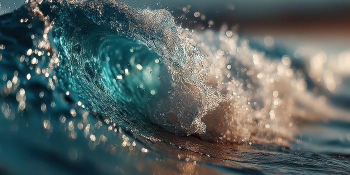 Waves crash on the shore during golden hour with sparkling water droplets in clear sunlight photo