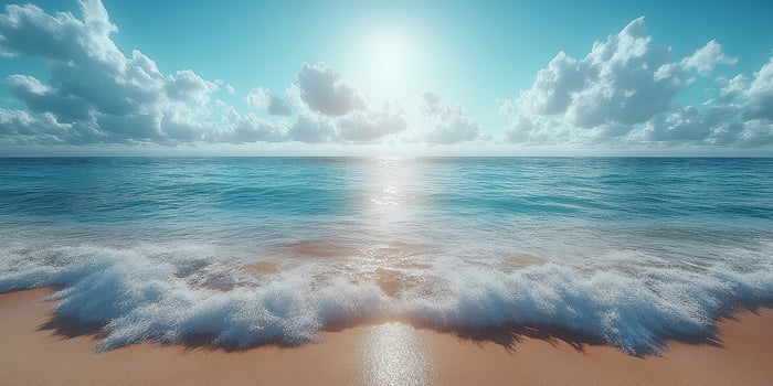 Vibrant ocean waves gently lap against a sandy shore under a bright sun with fluffy clouds in the clear blue sky photo