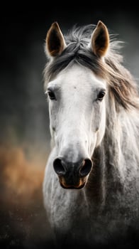 Majestic white horse with flowing mane in a dramatic portrait during twilight hours photo