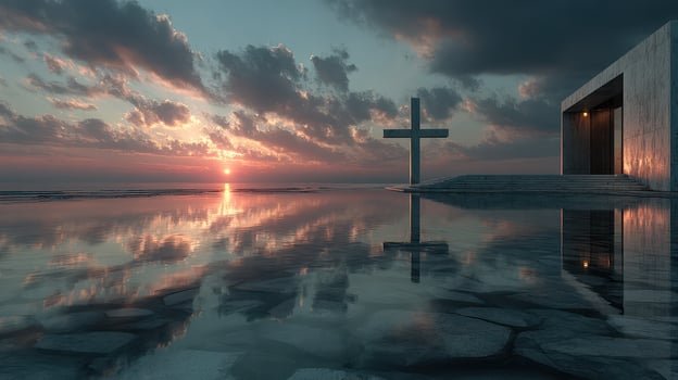 Stunning sunset over serene waters with modern cross and reflective architecture at the shoreline photo