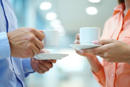 Coffee Background Business Colleagues Enjoying Coffee Break Closeup Hands Holding Cups and Saucers photo