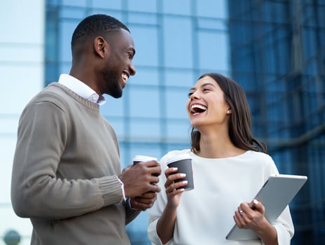 Coffee Background Happy Diverse Business Colleagues Laughing Coffee Break Tablet Modern City photo