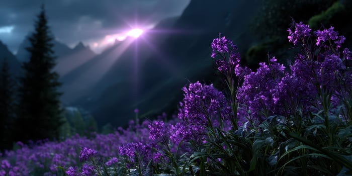 Purple wildflowers bloom in a serene mountain landscape during twilight hours with stunning light beams photo