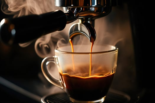 Coffee Background Espresso Machine Brewing Aromatic Coffee Steam Rising from Cup photo