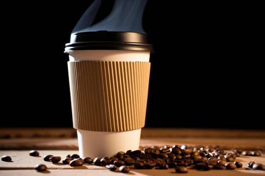 Coffee Background Steaming Hot Coffee in Disposable Cup with Coffee Beans on Wooden Table photo