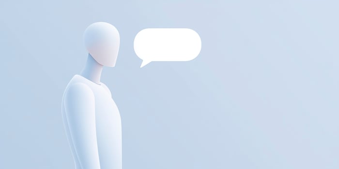 Minimalist 3D illustration of a white mannequin figure with a speech bubble, set against a soft gradient background, symbolizing communication and expression in a modern design context photo